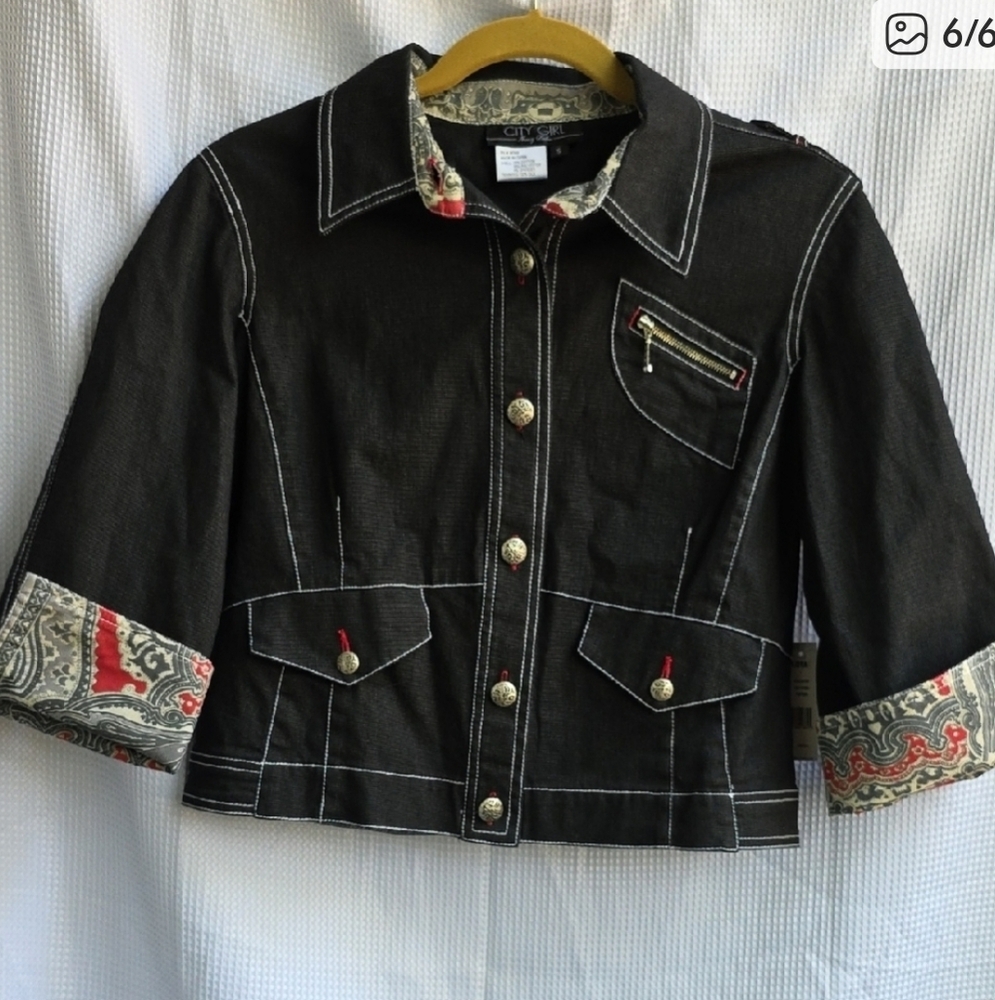 City girl  Nancy Bolen Black Denim Jacket with Red Accents